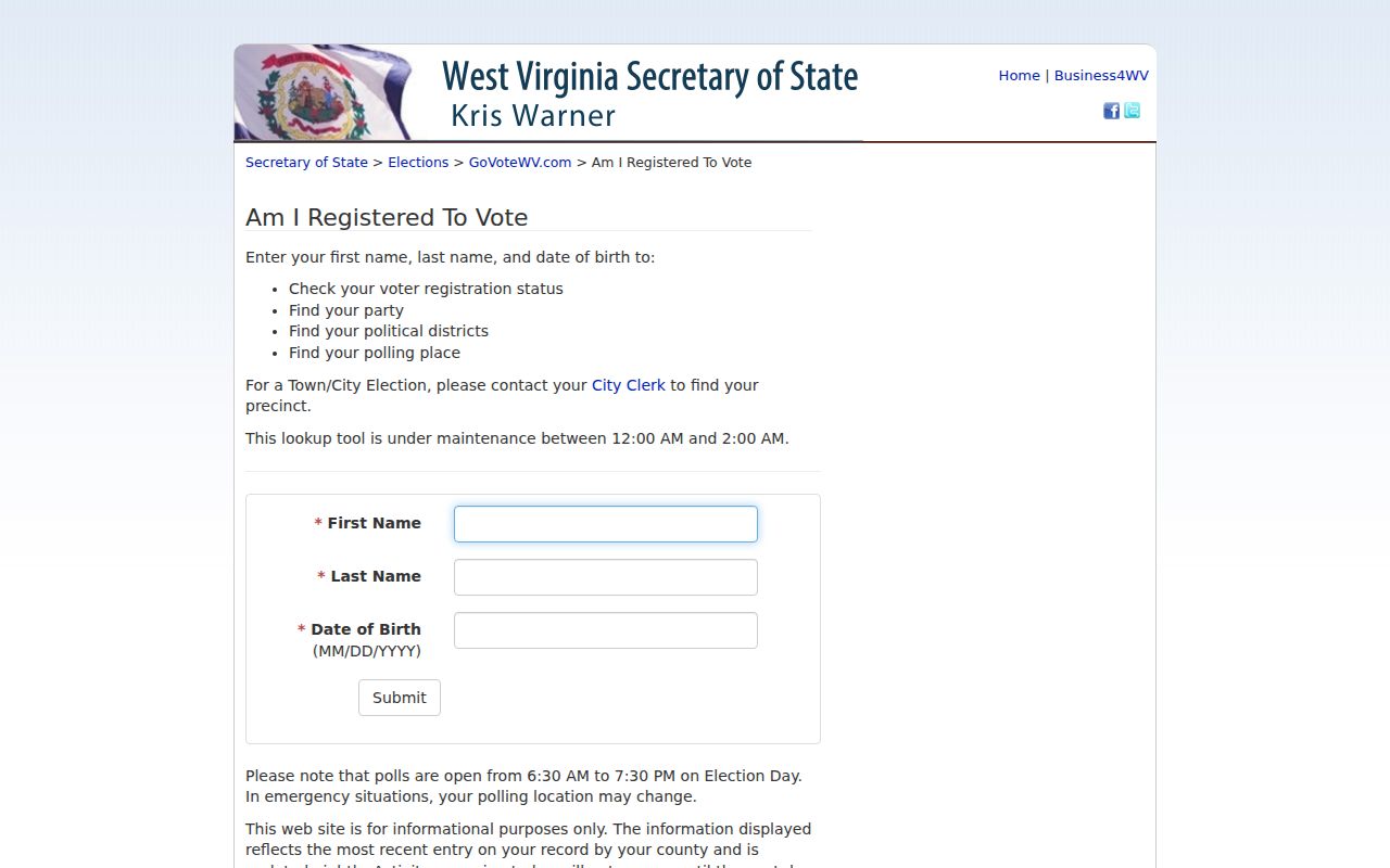 Nitro resident lookup on the West Virginia voter registration form